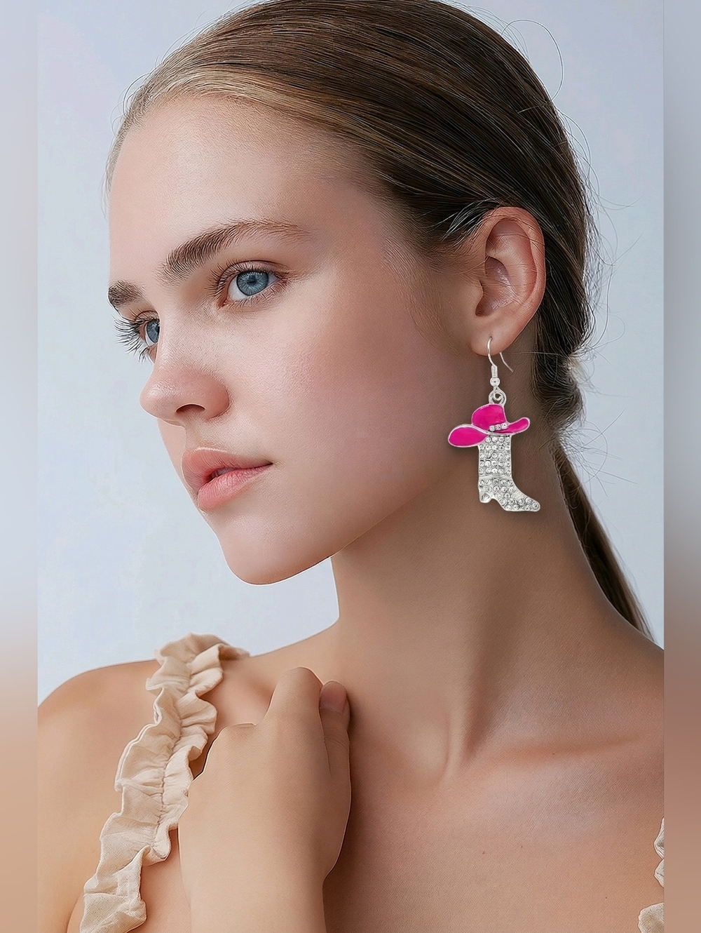 925 Sterling Silver Pink Rhinestone Cowboy Boot Earrings- Hypoallergenic - Picture 8 of 8